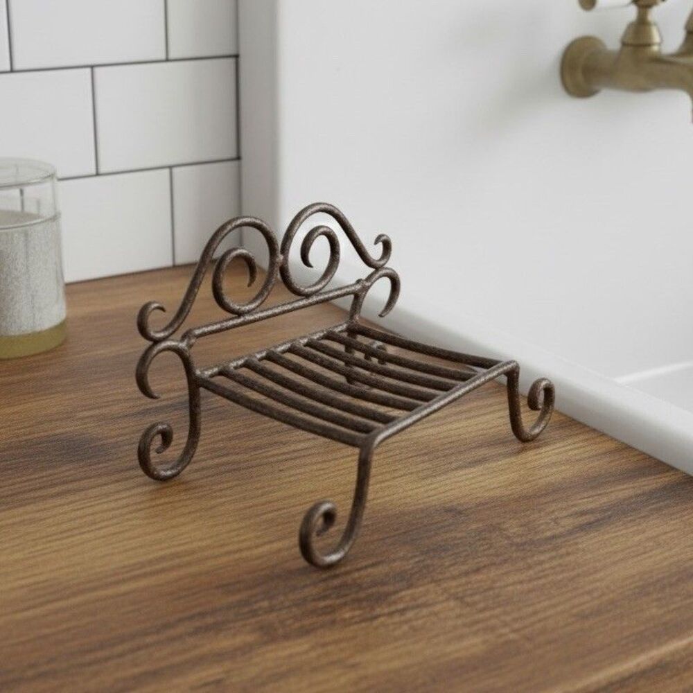 Rustic Metal Soap Dish Scroll Design Farmhouse Bathroom Kitchen Sink Holder